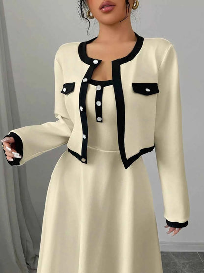 Contrast Trim Maxi Dress and Cropped Cardigan Set