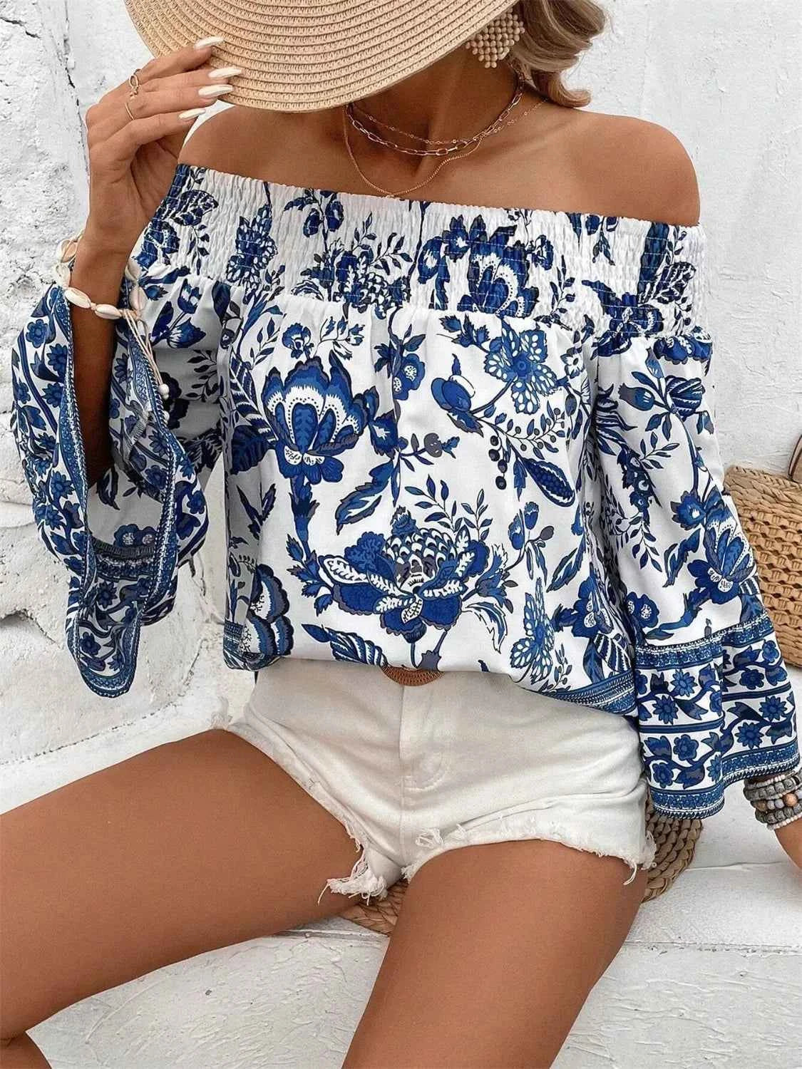 Smocked Printed Off-Shoulder Blouse - DevilShop