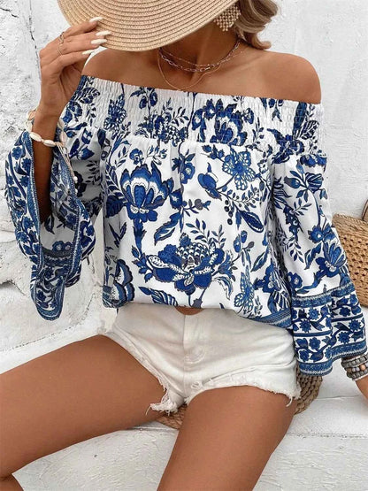 Smocked Printed Off-Shoulder Blouse - DevilShop