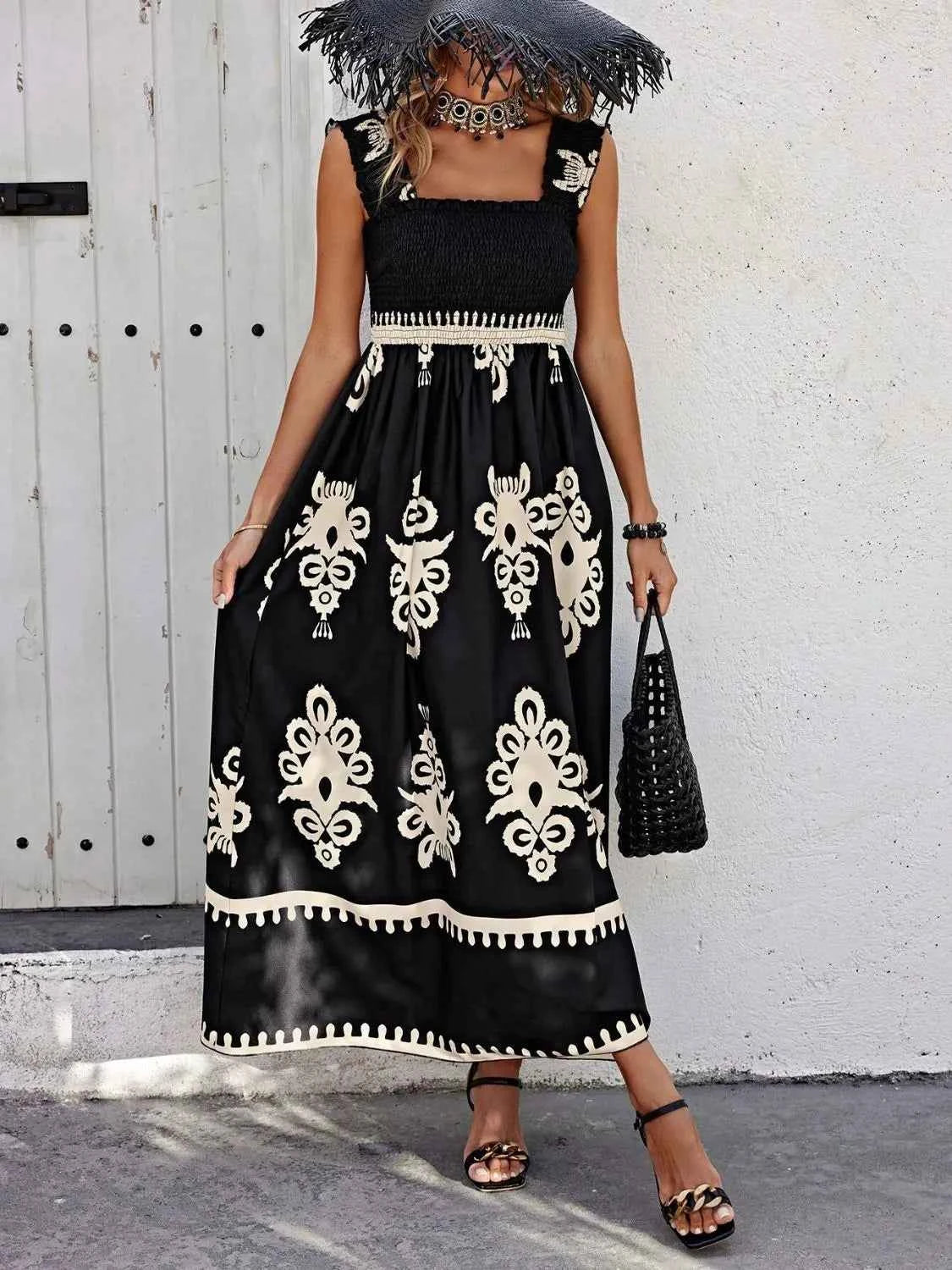 Smocked Printed Wide Strap Maxi Dress - DevilShop
