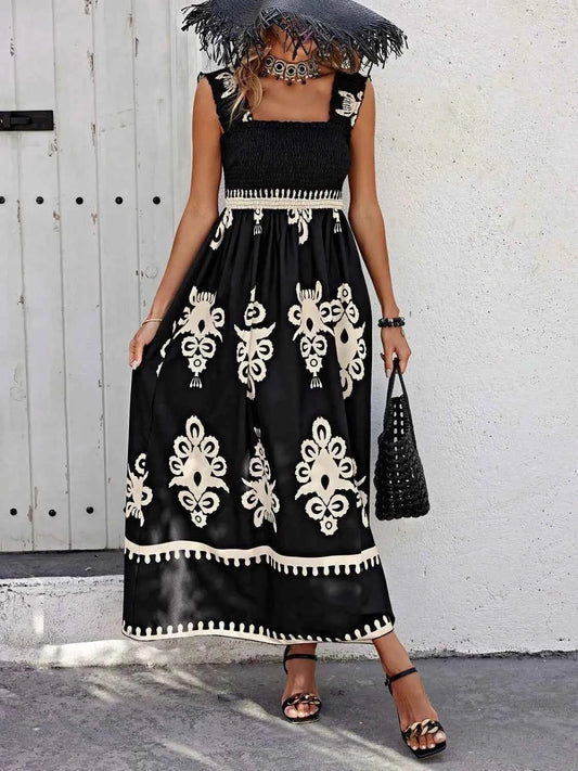 Smocked Printed Wide Strap Maxi Dress - DevilShop