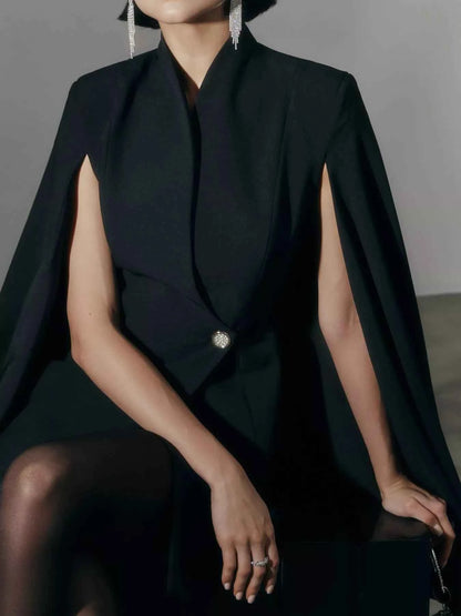 One Button Fitted Mini Blazer Dress with Cape Sleeves