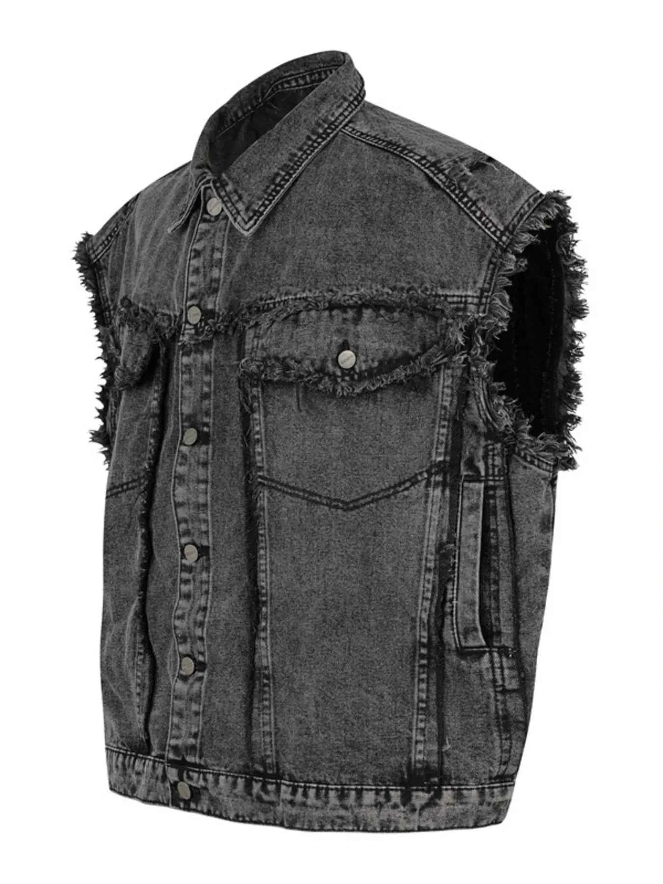 Veste en jean sans manches à boutonnage et ourlet brut - DevilShop