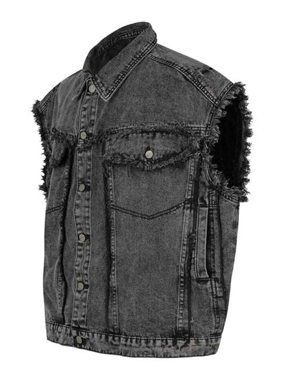 Veste en jean sans manches à boutonnage et ourlet brut - DevilShop