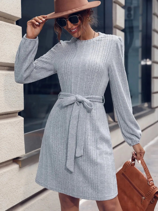 Ribbed Knit Long Sleeve Sweater Dress - DevilShop