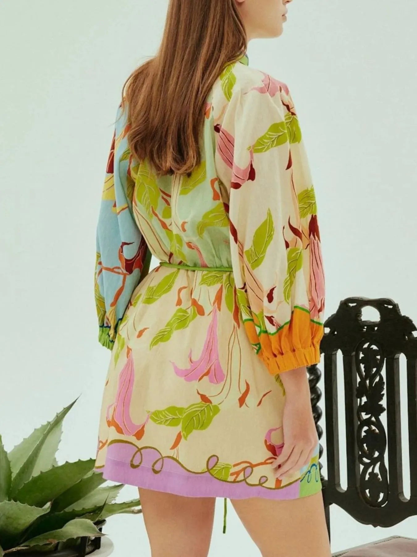 Abstract Print Tie Front Mini Shirt Dress with Pockets - DevilShop