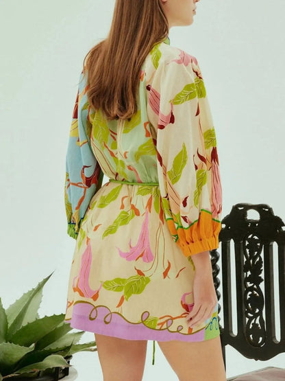 Abstract Print Tie Front Mini Shirt Dress with Pockets - DevilShop