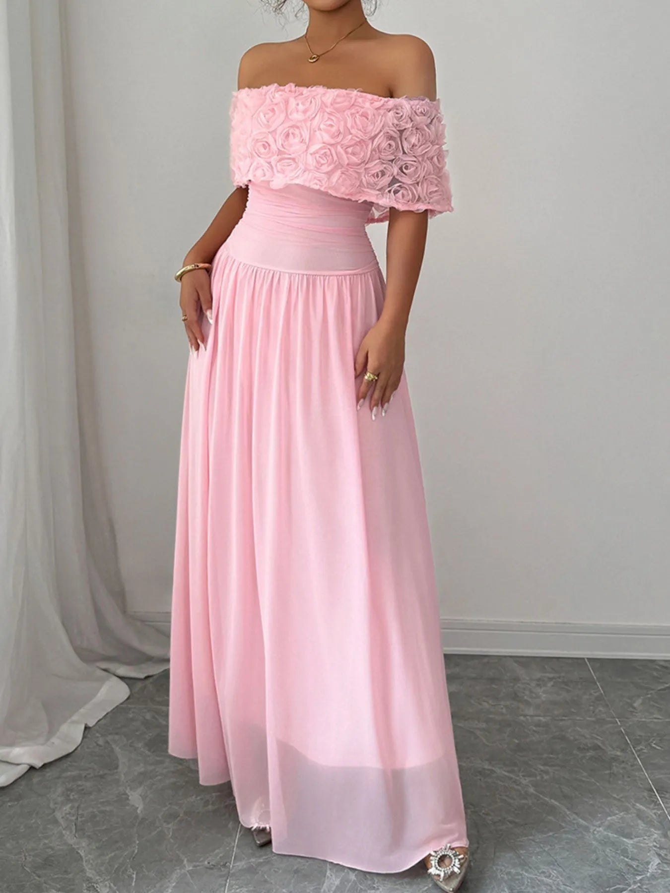 Off-Shoulder Rose Embellished Maxi Dress - DevilShop