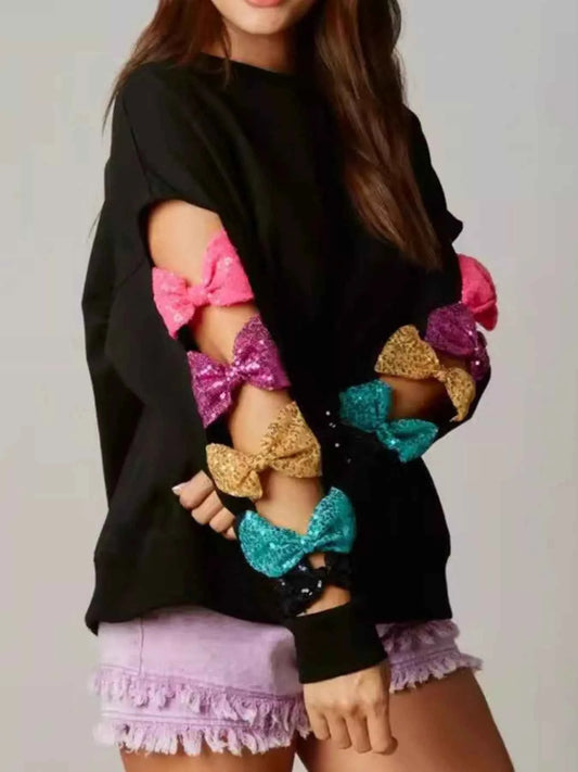 Sequin Bow Cutout Round Neck Sweatshirt