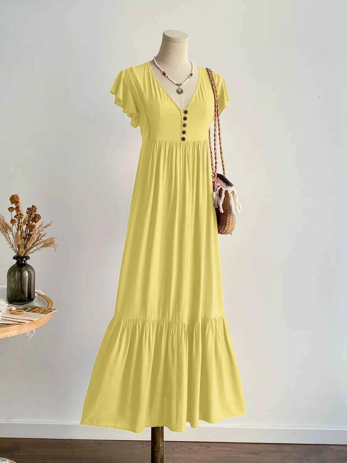 Flutter Sleeve Button Front Maxi Dress