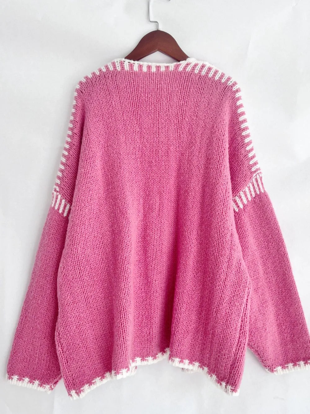 Double Take Contrast Open Front Dropped Shoulder Cardigan - DevilShop