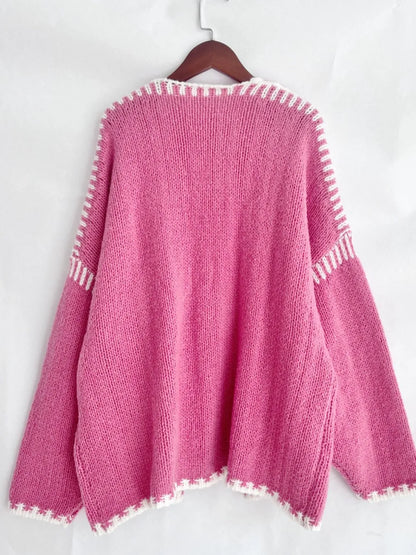 Double Take Contrast Open Front Dropped Shoulder Cardigan - DevilShop