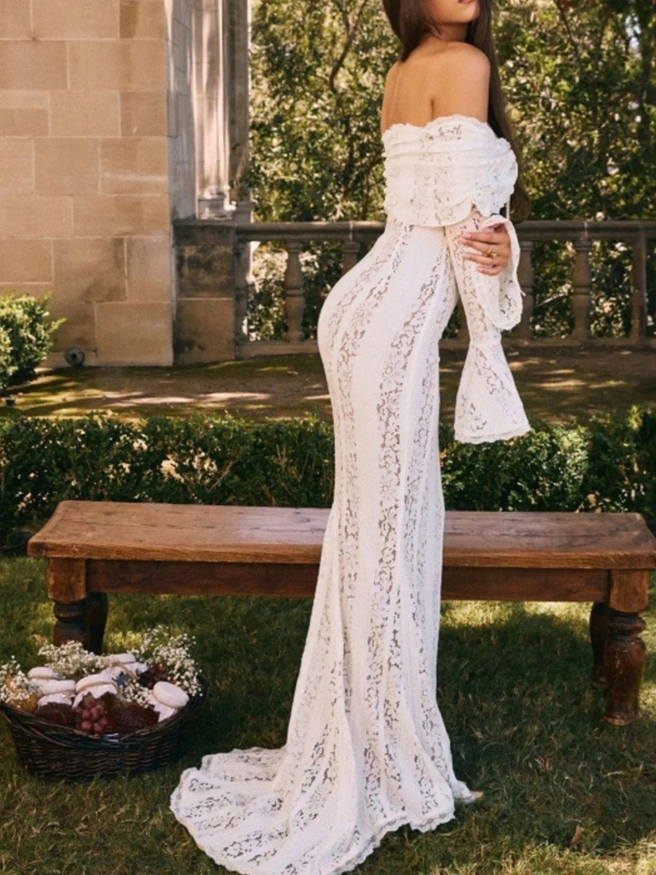 Lace Off-Shoulder Flounce Sleeve Maxi Dress - DevilShop