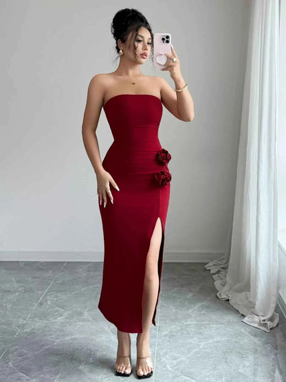 Front Split Strapless Dress with Floral Detail