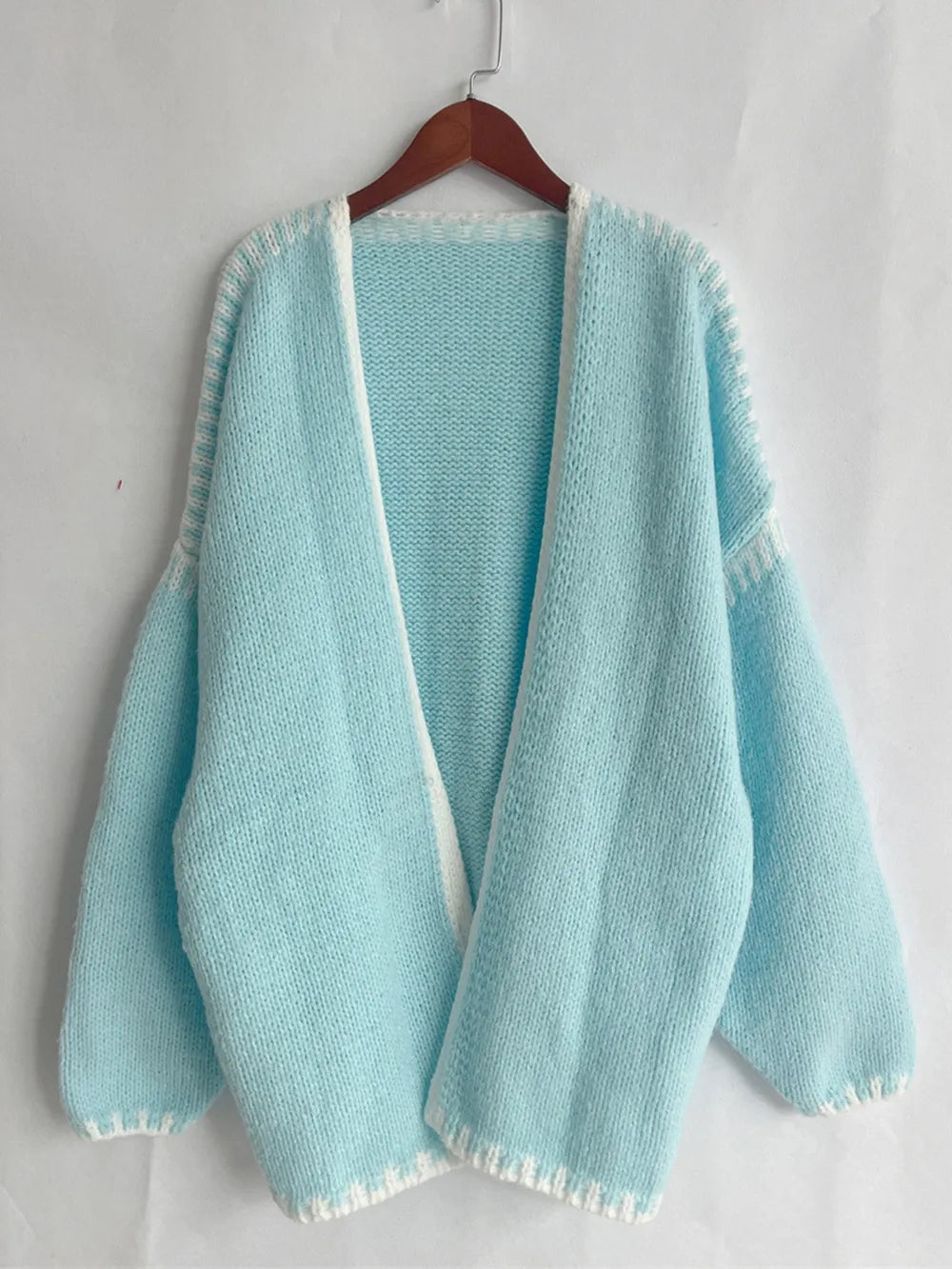 Double Take Contrast Open Front Dropped Shoulder Cardigan - DevilShop
