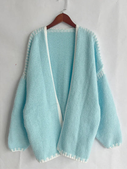 Double Take Contrast Open Front Dropped Shoulder Cardigan - DevilShop