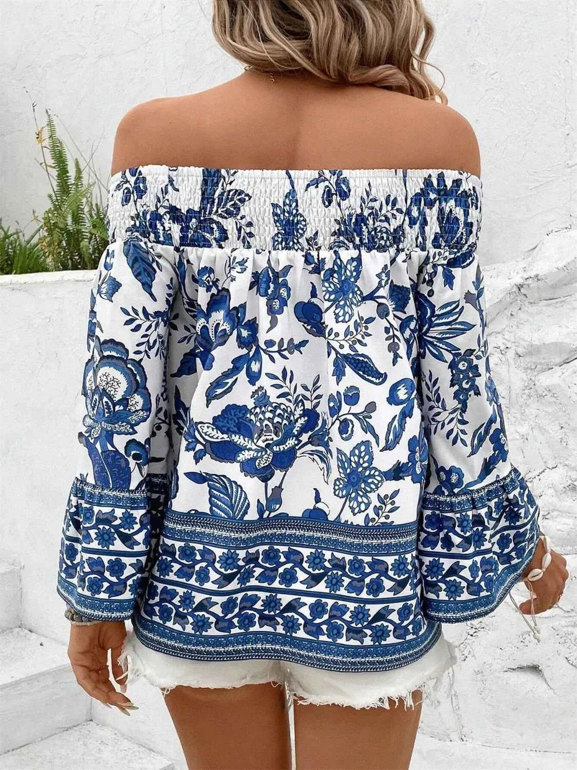 Smocked Printed Off-Shoulder Blouse - DevilShop