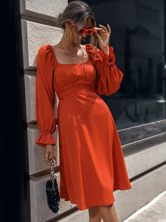 Square Neck Flounce Sleeve Midi Dress - DevilShop