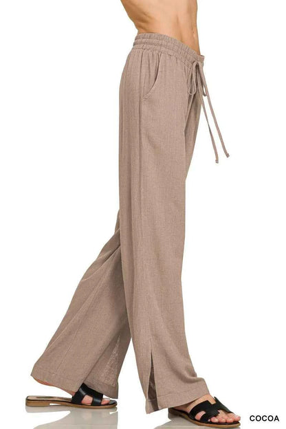 Pantalon lin Zenana à cordon pour un style décontracté - DevilShop