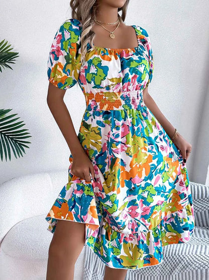 Ruffled Hem Smocked Floral Short Sleeve Midi Dress - DevilShop