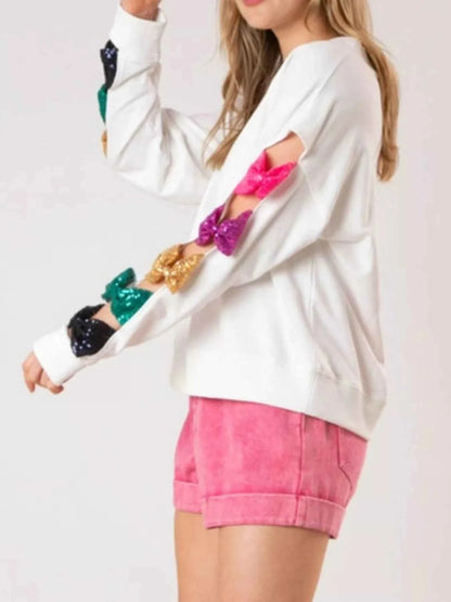 Sequin Bow Cutout Round Neck Sweatshirt
