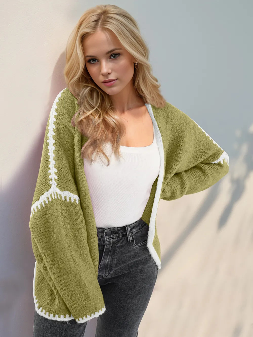 Double Take Contrast Open Front Dropped Shoulder Cardigan - DevilShop