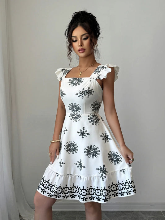 Printed Ruffled Cap Sleeve Dress - DevilShop