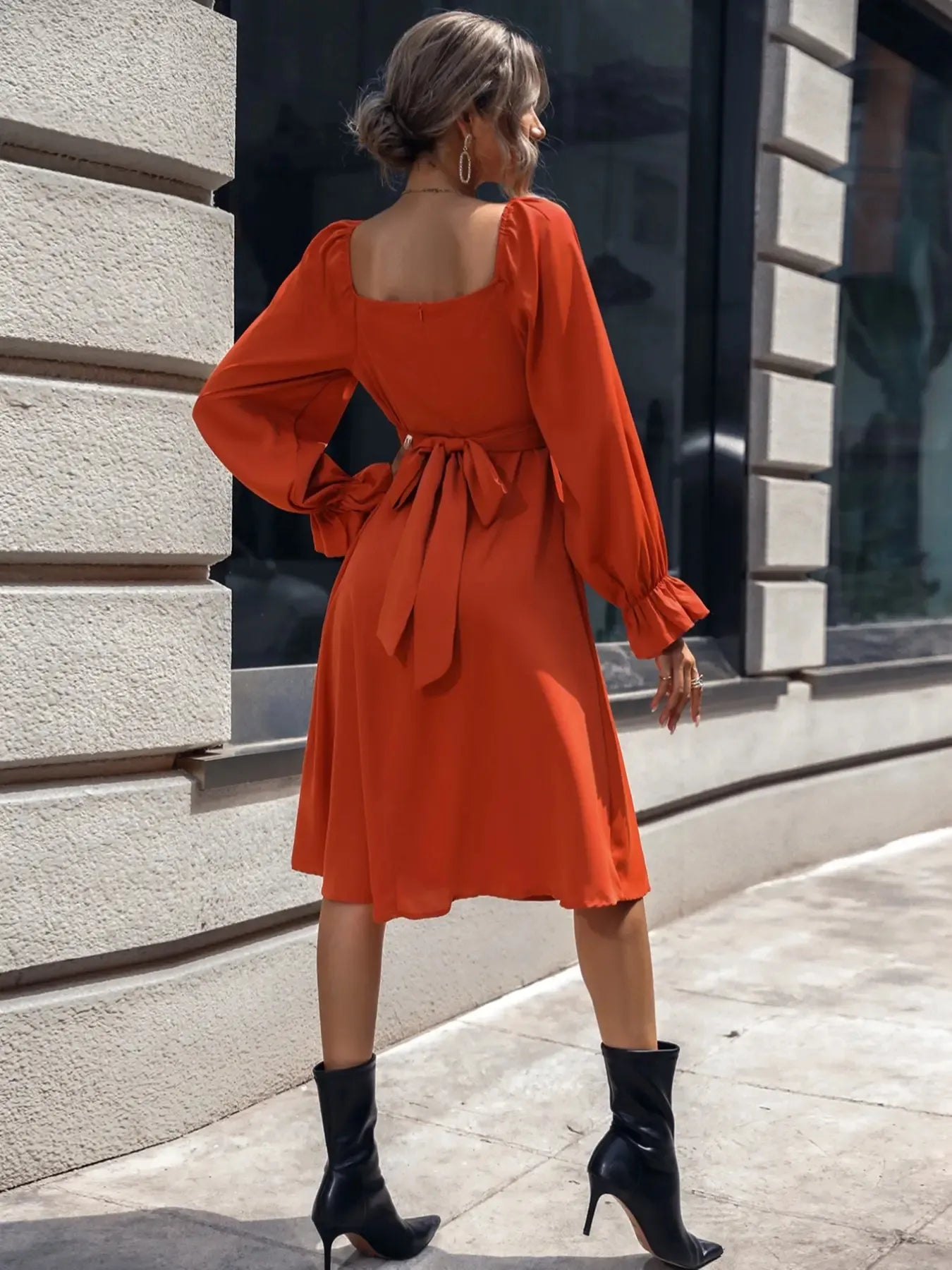 Square Neck Flounce Sleeve Midi Dress - DevilShop