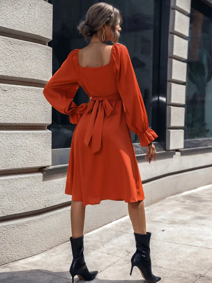 Square Neck Flounce Sleeve Midi Dress - DevilShop