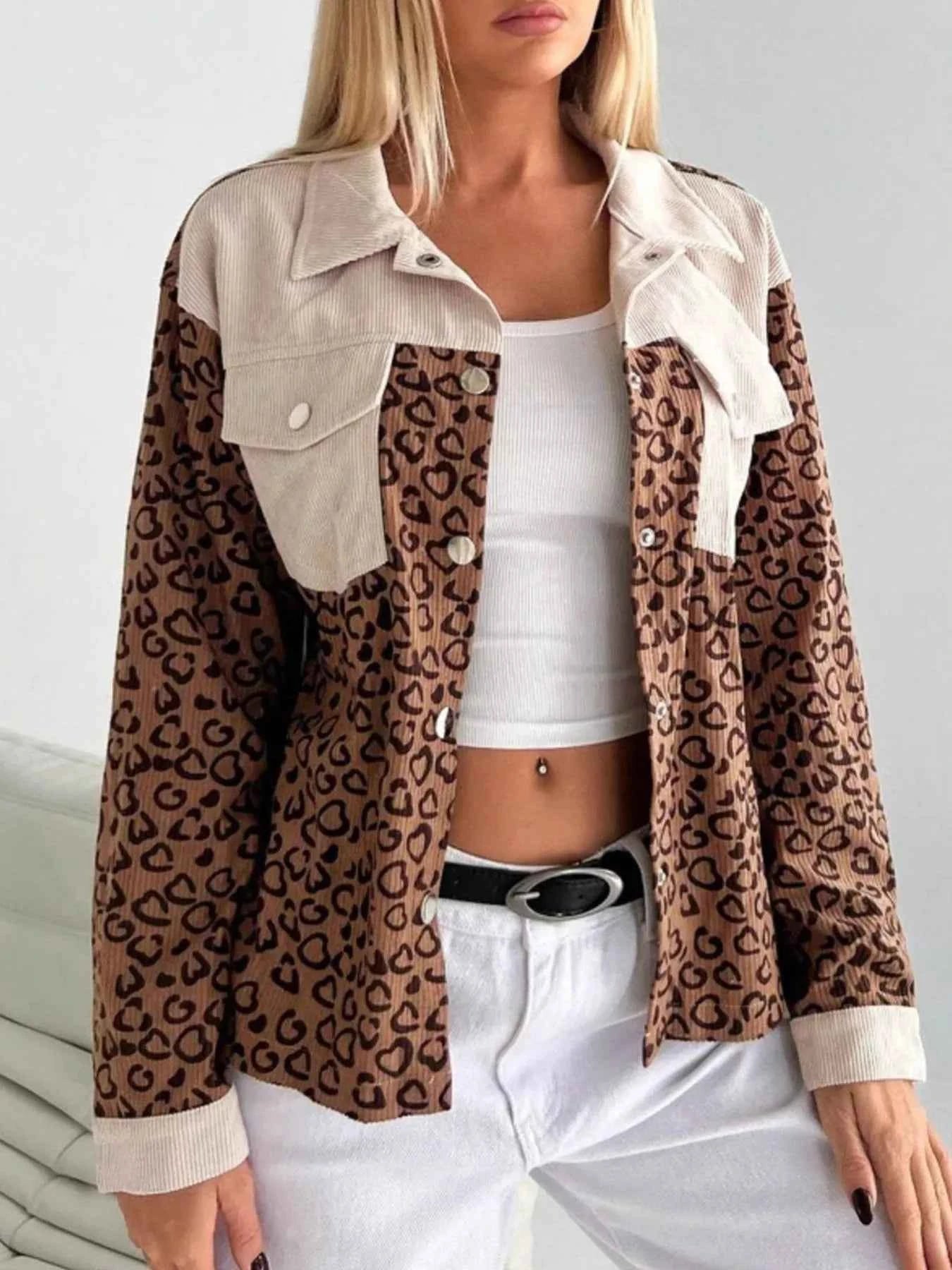 Leopard Long Sleeve Jacket with Chest Pockets - DevilShop