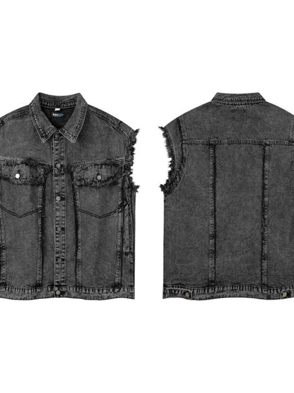 Veste en jean sans manches à boutonnage et ourlet brut - DevilShop