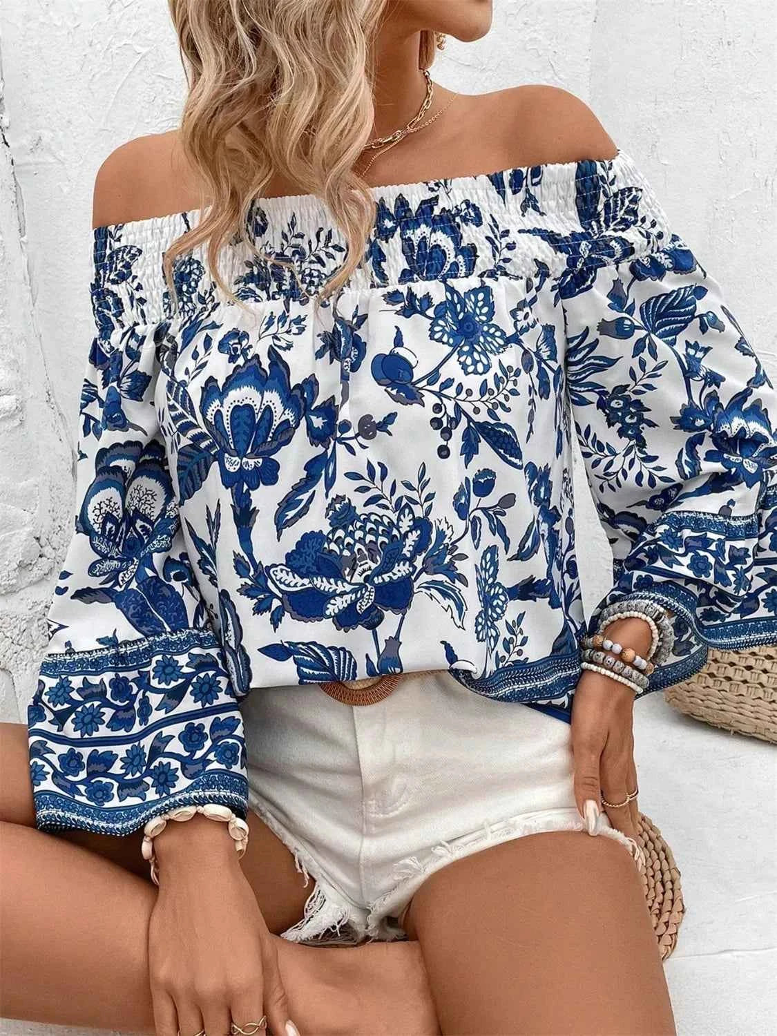 Smocked Printed Off-Shoulder Blouse - DevilShop