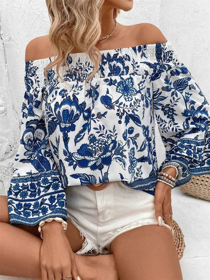 Smocked Printed Off-Shoulder Blouse - DevilShop