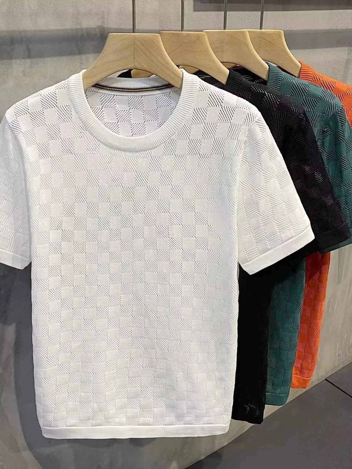 T-shirt à carreaux décontracté, col rond et manches courtes pour un style moderne - DevilShop