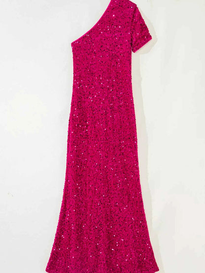 Sequin One-Shoulder Dress with High Slit