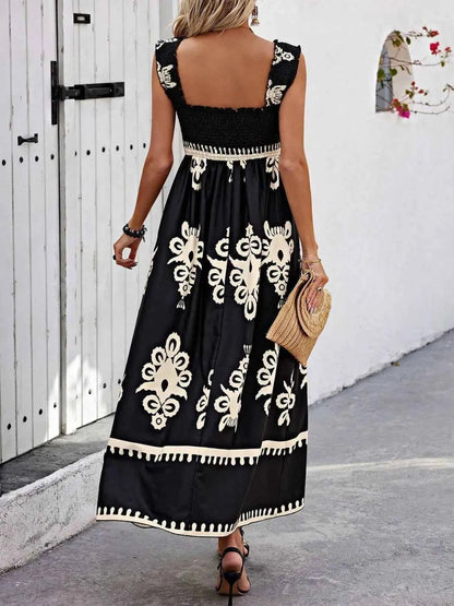 Smocked Printed Wide Strap Maxi Dress - DevilShop