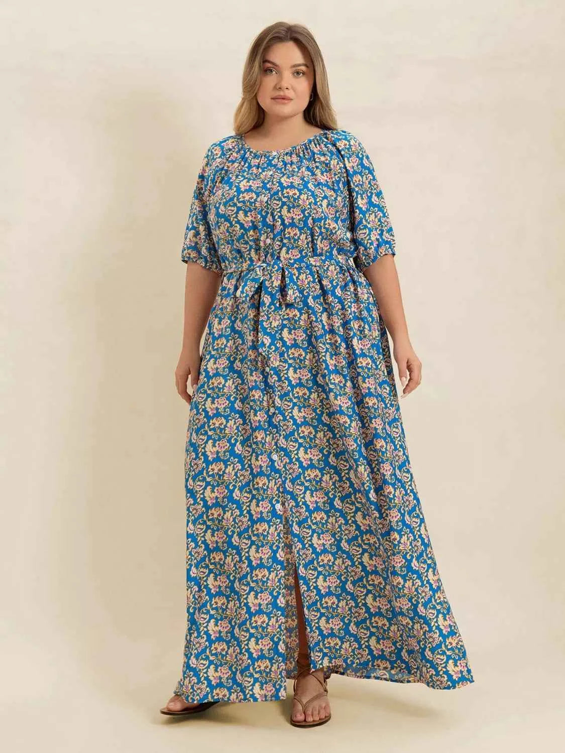 Plus Size Floral Print Maxi Dress with Side Slit