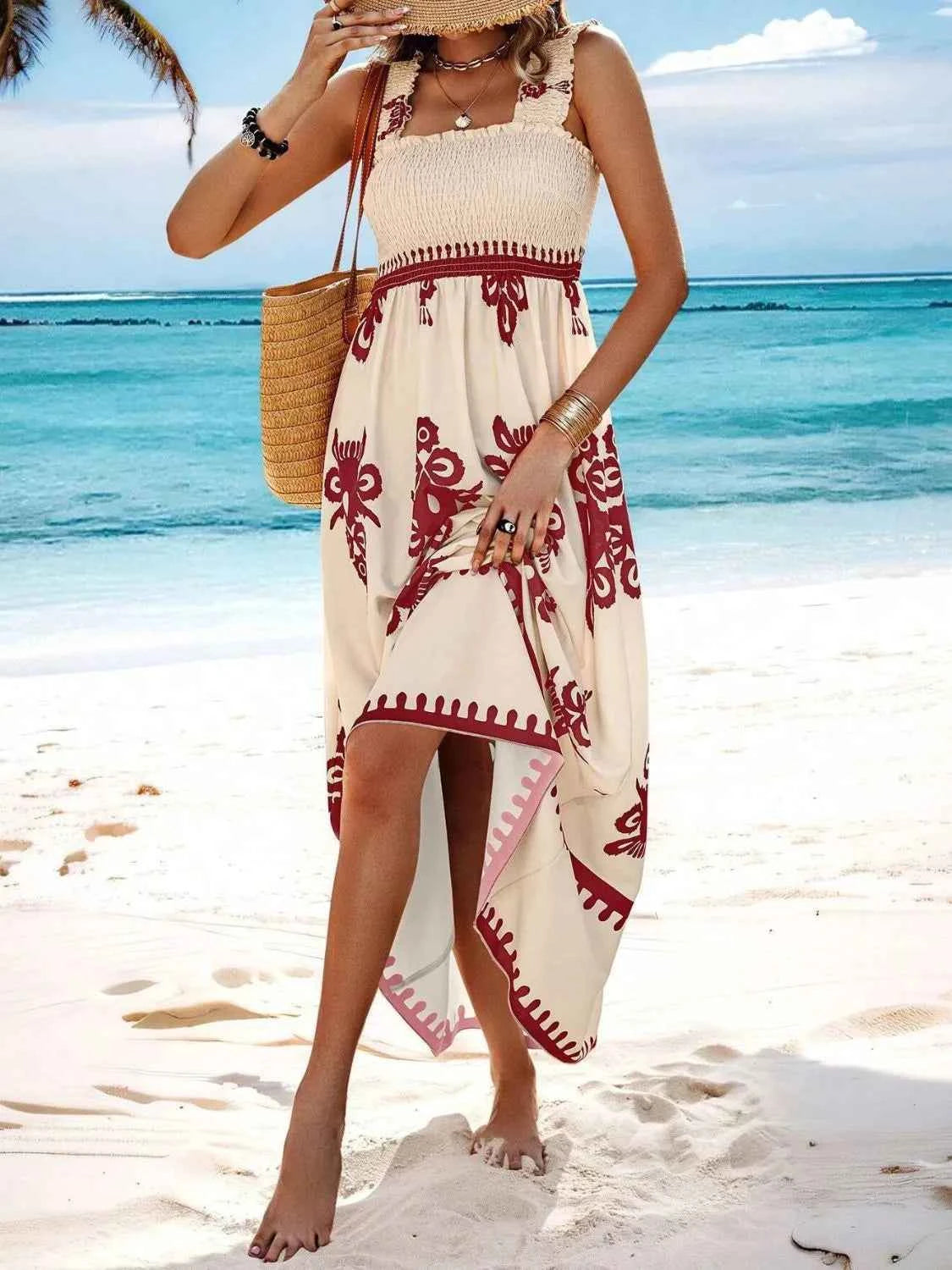 Smocked Printed Wide Strap Maxi Dress - DevilShop