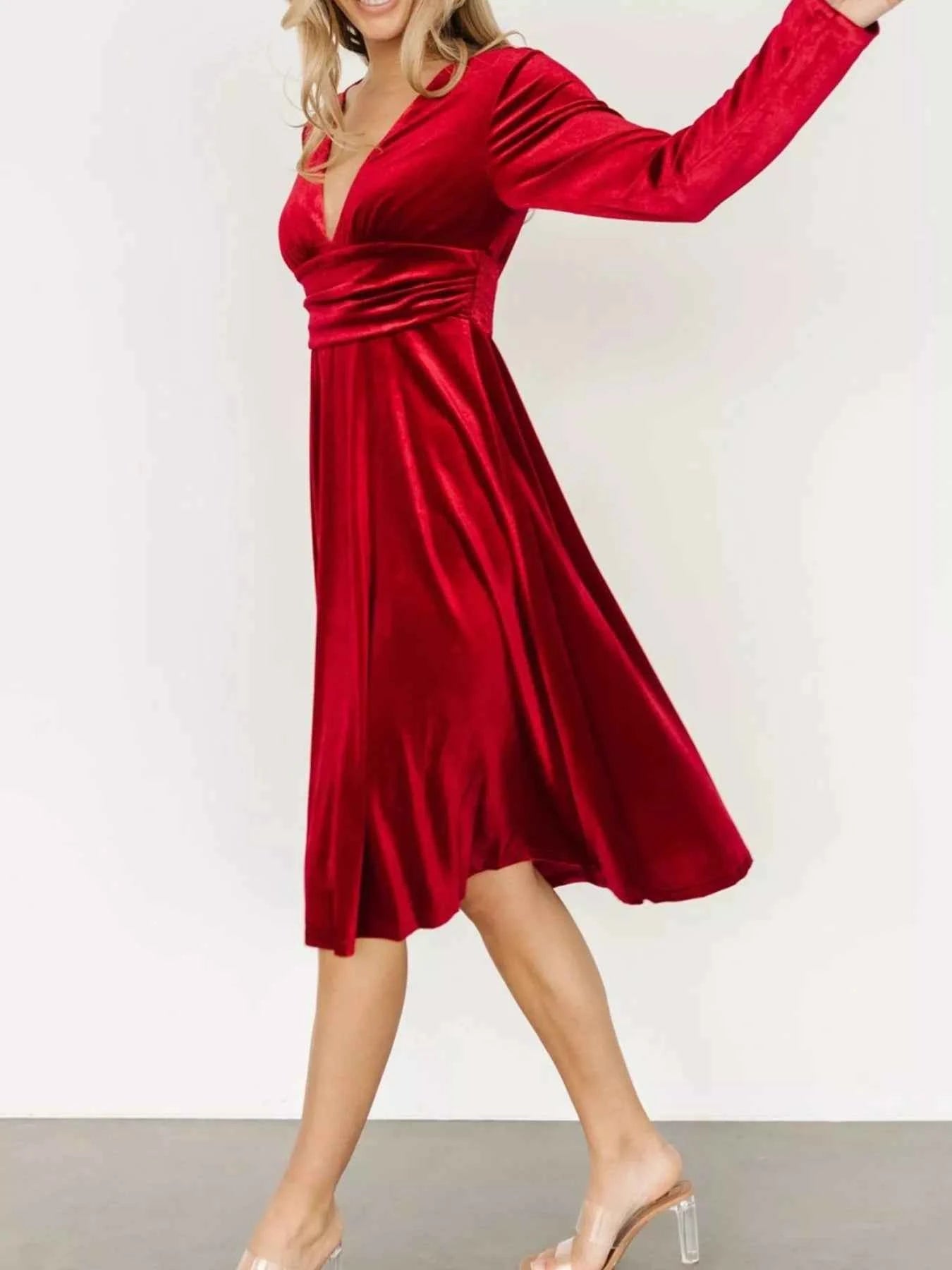 Velvet Deep V-Neck Long Sleeve Dress