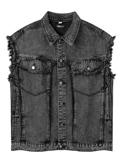 Veste en jean sans manches à boutonnage et ourlet brut - DevilShop