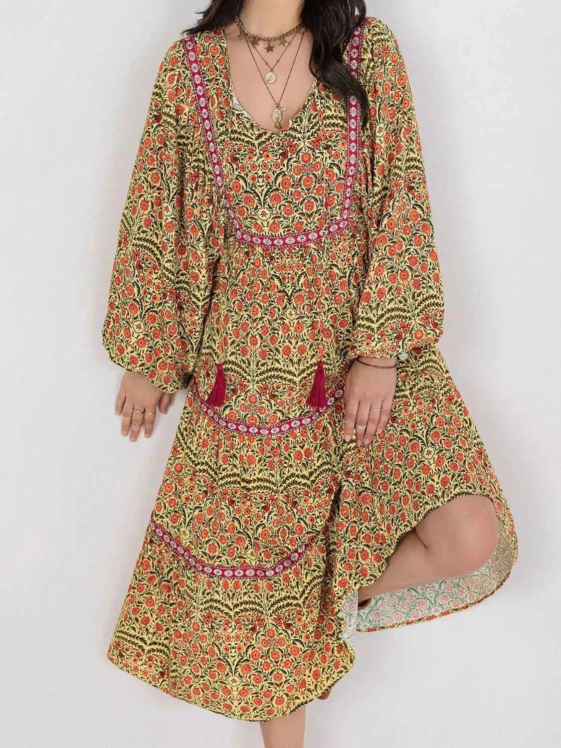 Floral Tiered Midi Dress with Balloon Sleeves