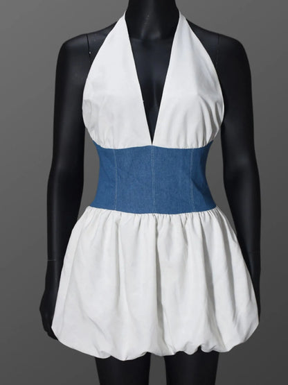 Halter Deep V-Neck Color Block Mini Dress - DevilShop
