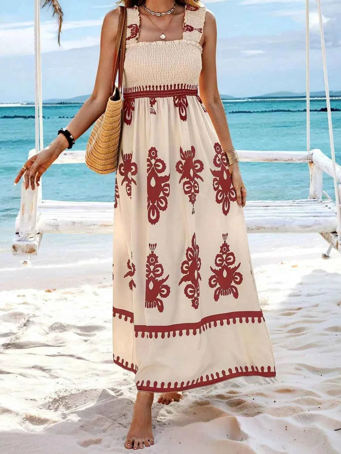 Smocked Printed Wide Strap Maxi Dress - DevilShop