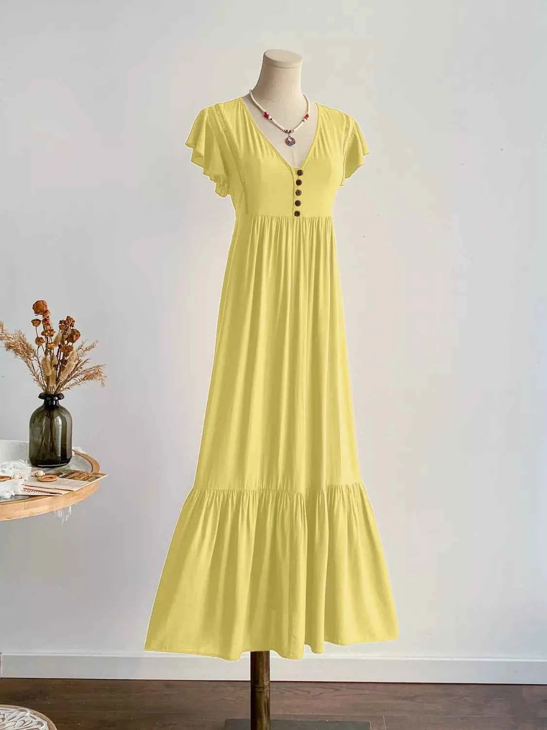 Flutter Sleeve Button Front Maxi Dress