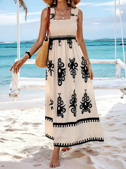 Smocked Printed Wide Strap Maxi Dress - DevilShop