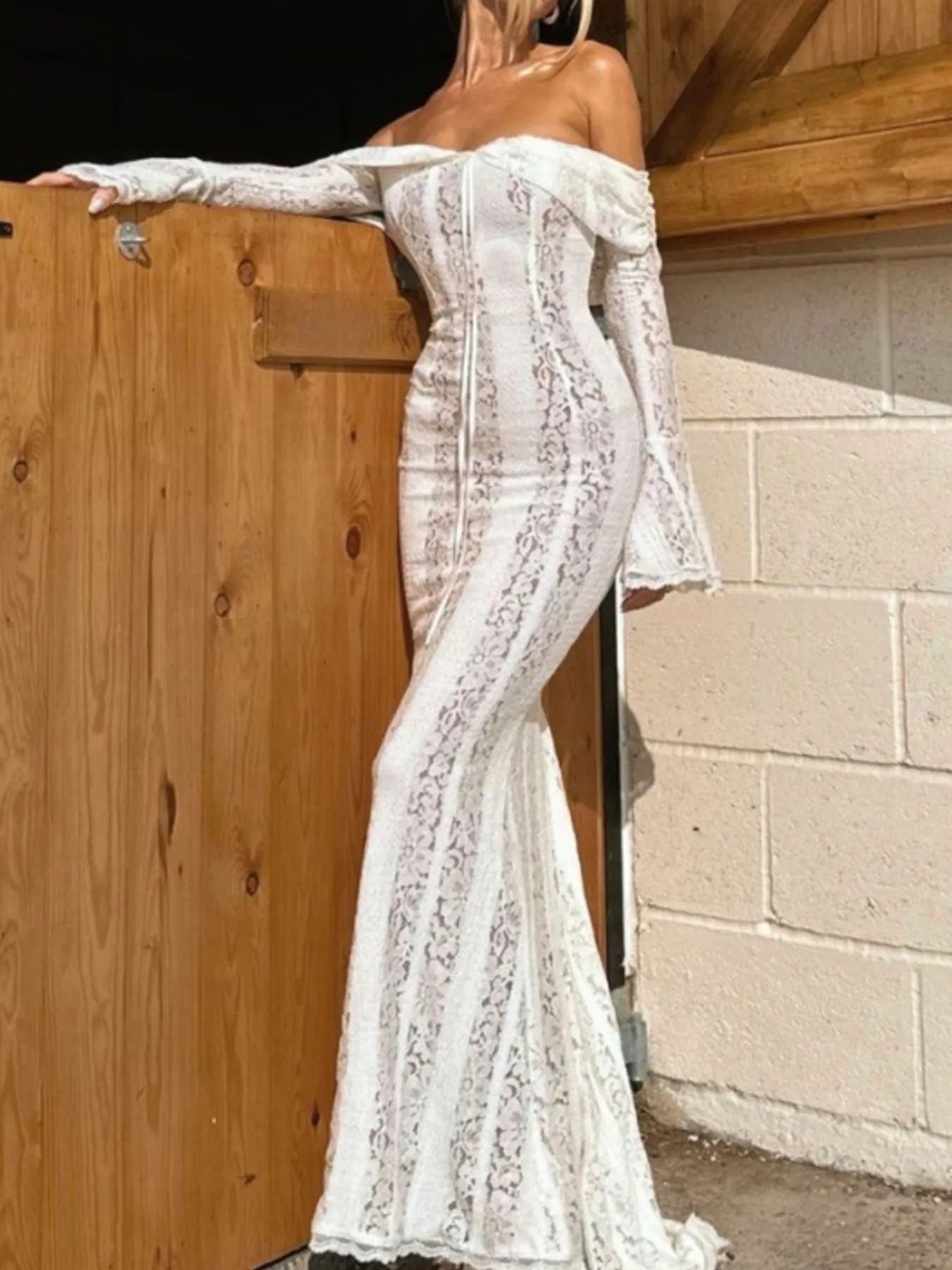 Lace Off-Shoulder Flounce Sleeve Maxi Dress - DevilShop
