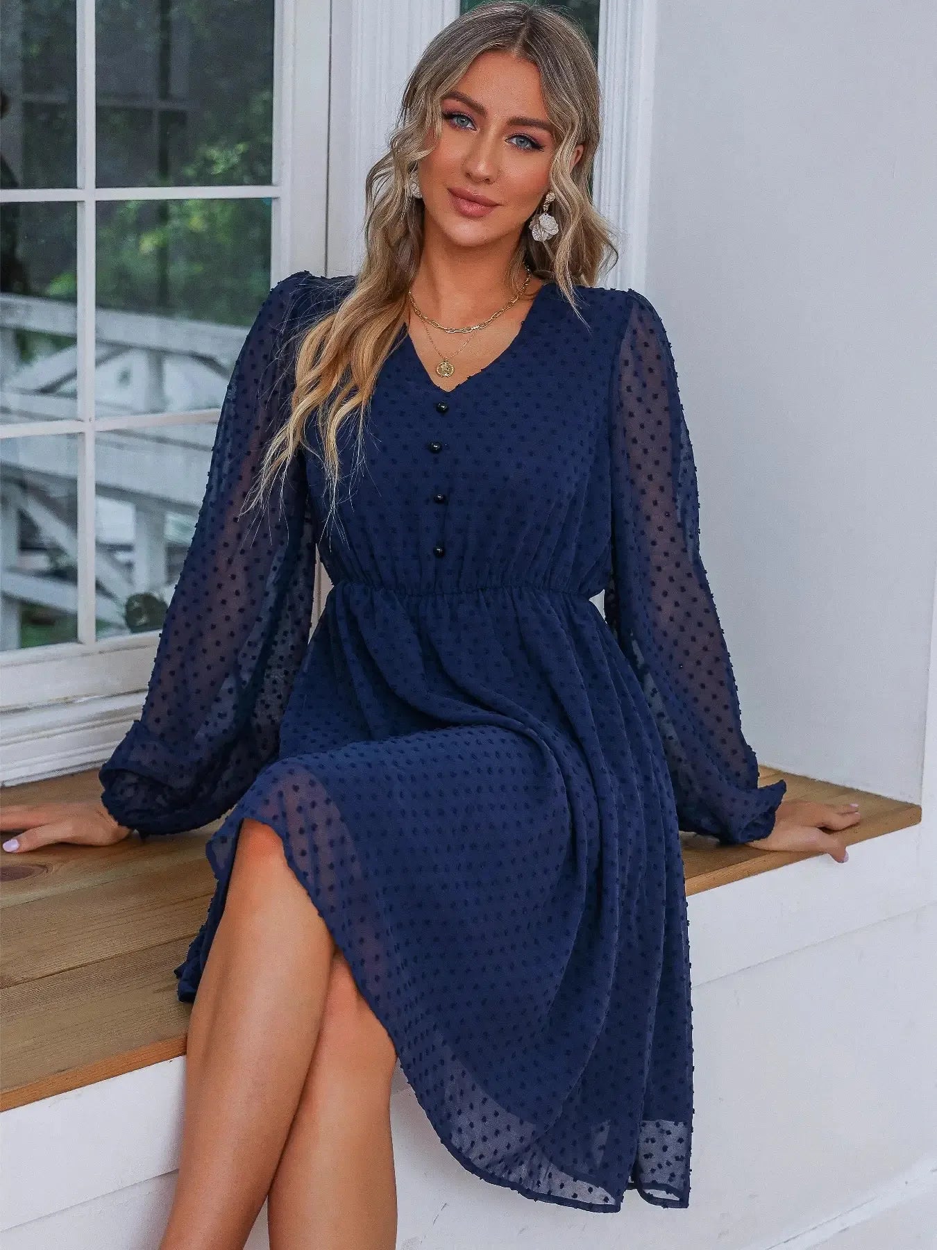 Swiss Dot V-Neck Balloon Sleeve Dress - DevilShop