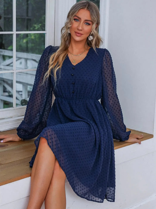 Swiss Dot V-Neck Balloon Sleeve Dress - DevilShop