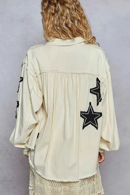 Veste en jean étoile à ourlet brut et poignées boutonnées - DevilShop