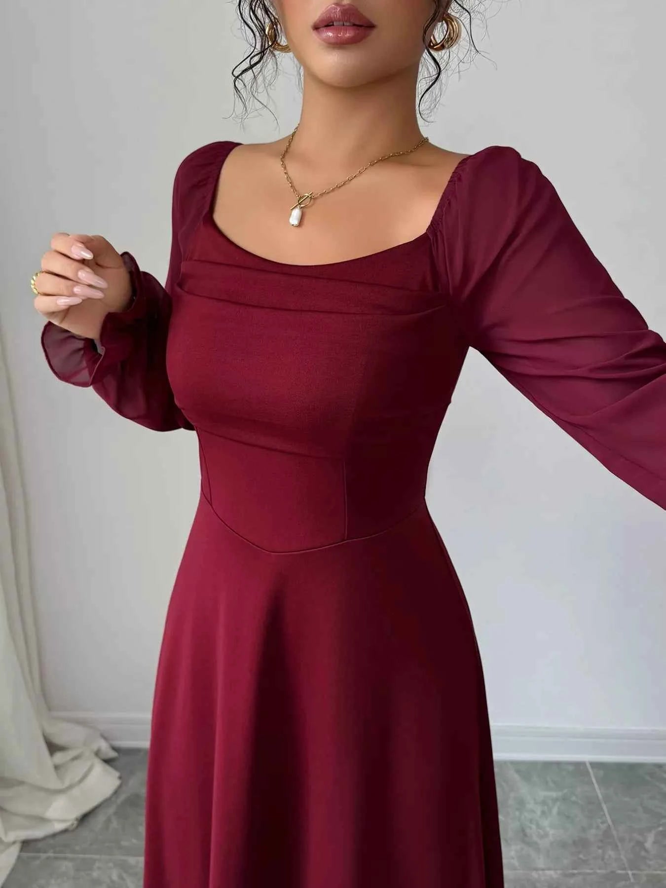 Flounce Sleeve A-Line Midi Dress